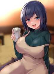 1girl, beer can, beige dress, black hair, black legwear, blue eyes, blurry, breasts, can, cushion, depth of field, drunk, green sweater, hair down, highres, kantai collection, kihou no gotoku dmc, large breasts, long hair, looking at viewer, official alternate costume, open mouth, ribbed sweater, solo, souryuu (kancolle), strap slip, sweater, tatami, turtleneck, zabuton