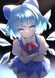 Rule 34 | 1girl, absurdres, blue bow, blue dress, blue eyes, blue hair, bow, cirno, collared shirt, cowboy shot, crossed arms, dark background, dress, hair bow, highres, ice, ice wings, looking at viewer, neck ribbon, pinafore dress, puffy short sleeves, puffy sleeves, raised eyebrow, red ribbon, ribbon, rinkaito1231, shirt, short sleeves, sleeveless, sleeveless dress, solo, touhou, white shirt, wings