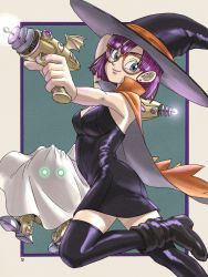 Rule 34 | 1girl, blue eyes, breasts, chrono trigger, closed mouth, dress, glasses, gun, halloween, halloween costume, hat, highres, looking at viewer, lucca ashtear, medium breasts, purple hair, robo (chrono trigger), robot, short hair, smile, thighhighs, weapon, witch hat, yuto sakurai