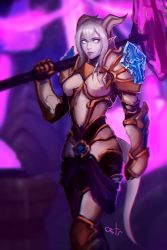 Rule 34 | 1girl, armor, player character (wow), boobplate, breastplate, closed mouth, colored skin, distr, draenei, gauntlets, grey skin, highres, holding, holding weapon, horns, looking at viewer, mace, monster girl, paladin (warcraft), pauldrons, pointy ears, shoulder armor, signature, solo, walking, warcraft, weapon, white eyes, white hair, world of warcraft
