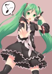 Rule 34 | 1girl, :d, binsen, dress, green eyes, green hair, hatsune miku, highres, index finger raised, long hair, looking at viewer, matching hair/eyes, microphone, musical note, open mouth, outstretched arm, quaver, simple background, smile, solo, speech bubble, spoken musical note, thighhighs, twintails, very long hair, vocaloid