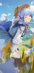 Rule 34 | 1girl, ;), absurdres, ayaka (genshin impact), blue bow, blue dress, blue eyes, blue hair, blue sky, blunt bangs, blunt tresses, blurry, blurry background, bow, braid, braided hair rings, brown hat, butterfly hair ornament, cloud, dress, dress bow, flower, genshin impact, gold trim, grass, hair flower, hair ornament, hair rings, hands on own thighs, hat, highres, kamisato ayaka, kamisato ayaka (springbloom missive), leaning forward, leviathan (hikinito0902), light blue hair, long sleeves, looking at viewer, mole, mole under eye, multicolored clothes, multicolored dress, official alternate costume, official alternate hairstyle, one eye closed, outdoors, parted lips, sky, smile, solo, tree, white dress