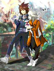 Rule 34 | 00s, 1boy, 1girl, belt, brown hair, cape, capelet, coat, closed eyes, gloves, kratos aurion, pants, raine sage, shoes, short hair, silver hair, tales of (series), tales of symphonia