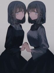 Rule 34 | 2girls, black dress, black skirt, blue eyes, braid, breasts, closed mouth, commentary request, dress, expressionless, grey background, grey eyes, grey shirt, hair ribbon, highres, holding hands, interlocked fingers, light particles, long sleeves, looking at viewer, medium breasts, medium hair, mochiosamu ron, multiple girls, original, ribbon, shirt, short hair, siblings, simple background, sisters, skirt, twins
