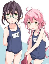 Rule 34 | ahoge, black hair, black one-piece swimsuit, blue-framed eyewear, blue one-piece swimsuit, cowboy shot, double bun, flat chest, glasses, green eyes, hair bun, kantai collection, looking at viewer, makigumo (kancolle), multicolored hair, name tag, okinami (kancolle), okitarou (okiyo), one-piece swimsuit, pink hair, school uniform, short hair, swimsuit, twintails, two-tone background, undressing, white background, yellow eyes