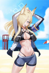 Rule 34 | 1girl, animal ear fluff, animal ears, beach, bikini, black bikini, blonde hair, blue archive, blue eyes, blue halo, breasts, clenched teeth, collarbone, cowboy shot, day, grey shorts, hair over one eye, halo, highres, jacket, kanna (blue archive), large breasts, long hair, long sleeves, navel, ocean, open clothes, open jacket, outdoors, pjman, shorts, solo, swimsuit, teeth, white jacket