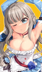 Rule 34 | 1girl, armpits, arms up, blue dress, blue eyes, blue flower, blue rose, blush, braid, breasts, choker, cleavage, closed mouth, cosplay, detached sleeves, dress, flower, frilled dress, frilled skirt, frills, grey hair, hair ribbon, highres, jewelry, kantai collection, large breasts, long hair, looking at viewer, maryland (kancolle), medium breasts, one eye closed, polka dot, polka dot background, red choker, ribbon, rose, skirt, solo, umamusume, yamanin zephyr (umamusume), yamanin zephyr (umamusume) (cosplay), yasume yukito