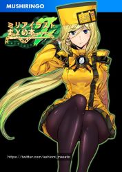 Rule 34 | 1girl, ashiomi masato, blonde hair, blue eyes, breasts, fingerless gloves, fur hat, gloves, guilty gear, guilty gear xrd, hair between eyes, hat, invisible chair, jacket, long hair, looking at viewer, medium breasts, millia rage, outline, pantyhose, sitting, smile, solo, ushanka, very long hair, watermark, web address, white gloves, wide hips, yellow theme