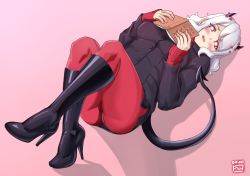 Rule 34 | black footwear, black horns, black jacket, black tail, blush, book, boots, breasts, cameltoe, cleft of venus, demon girl, demon tail, finalcake, fingernails, full body, heart, heart-shaped pupils, helltaker, high heel boots, high heels, holding, holding book, horns, jacket, legs up, licking lips, looking at viewer, lying, medium breasts, medium hair, modeus (helltaker), naughty face, on back, on floor, open book, panties, panties under pantyhose, pantyhose, pink background, red eyes, red pantyhose, red sweater, ribbed sweater, sleeves past wrists, solo, sweater, symbol-shaped pupils, tail, thick thighs, thighs, tongue, tongue out, underwear, white hair