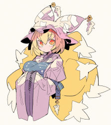 Rule 34 | 1girl, animal hat, beige background, blonde hair, breasts, bright pupils, cropped torso, dress, fox tail, hands in opposite sleeves, hat, highres, long sleeves, massakasama, medium breasts, mob cap, multiple tails, one-hour drawing challenge, short hair, simple background, solo, tabard, tail, touhou, upper body, white dress, white hat, wide sleeves, yakumo ran, yellow eyes