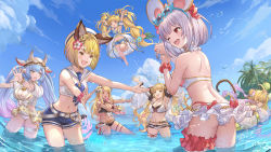 Rule 34 | 6+girls, andira (granblue fantasy), anila (granblue fantasy), bikini, blonde hair, blue hair, breasts, brown eyes, butt crack, catura (granblue fantasy), cleavage, granblue fantasy, highres, huanghyy, kumbhira (granblue fantasy), large breasts, long hair, mahira (granblue fantasy), medium breasts, multiple girls, open mouth, red eyes, short hair, silver hair, small breasts, smile, swimsuit, thigh strap, vajra (granblue fantasy), very long hair, vikala (blooming summer wallflower) (granblue fantasy), vikala (granblue fantasy), wading, yellow eyes