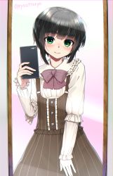 Rule 34 | 1boy, blouse, blush, bob cut, bow, bowtie, cellphone, collar, crossdressing, dress, frilled collar, frilled shirt, frills, gloves, green eyes, highres, holding, holding phone, looking at viewer, male focus, mirror, original, phone, purple bow, purple bowtie, reflection, ryou@ryou, selfie, shirt, single glove, smartphone, smile, solo, trap, twitter username, white collar, white gloves