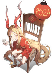 Rule 34 | 1girl, 2024, absurdly long hair, blonde hair, blvefo9, breasts, chinese zodiac, choko (cup), commentary request, cup, dragon girl, dragon horns, forehead, full body, grin, horns, japanese clothes, kimono, long hair, looking at viewer, new year, original, red kimono, sandals, simple background, sitting, small breasts, smile, solo, teeth, tokkuri, very long hair, white background, year of the dragon, yellow eyes, zouri