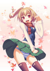 Rule 34 | 1girl, bad id, bad pixiv id, brown hair, cameltoe, panties, paseri 3gou, plaid, plaid scarf, plaid skirt, red eyes, scarf, skirt, solo, striped clothes, striped panties, thighhighs, underwear, upskirt, wind, wind lift