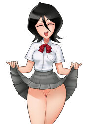 Rule 34 | 1girl, black hair, bleach, cleft of venus, closed eyes, clothes lift, collared shirt, cowboy shot, exhibitionism, feet out of frame, female focus, flashing, grey skirt, hair between eyes, highres, kuchiki rukia, lifted by self, loodncrood, neck ribbon, open mouth, pinky out, pleated skirt, public indecency, pussy, red ribbon, ribbon, school uniform, shirt, short hair, simple background, skirt, skirt lift, solo, teeth, thighs, upper teeth only, white background, white shirt
