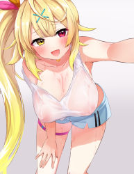 Rule 34 | 1girl, :d, bare arms, bare shoulders, bent over, blonde hair, blue shorts, blush, breasts, cleavage, collarbone, feet out of frame, festa11307070, gradient background, hair ornament, hanging breasts, heterochromia, hoshikawa sara, hoshikawa sara (1st costume), large breasts, long hair, looking at viewer, nijisanji, nipples, no bra, open mouth, outstretched arm, red eyes, selfie, shirt, short shorts, shorts, side ponytail, sidelocks, simple background, skindentation, sleeveless, sleeveless shirt, smile, solo, standing, thigh strap, very long hair, virtual youtuber, white background, white shirt, x hair ornament, yellow eyes