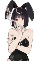 Rule 34 | 1girl, animal ears, bare arms, black hair, black leotard, breasts, cigarette, detached collar, highres, holding, holding cigarette, leotard, limbus company, looking at viewer, medium breasts, msx (mis4xi), playboy bunny, project moon, rabbit ears, red eyes, ryoshu (project moon), short hair, simple background, smoke, smoking, solo, white background