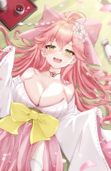 Rule 34 | 1girl, absurdres, ahoge, alcohol, alternate costume, bottle, bow, breasts, cleavage, cup, green eyes, hair bow, highres, hololive, japanese clothes, kimono, large breasts, long hair, looking at viewer, lying, on back, open mouth, petals, pink bow, pink hair, sake, sakura miko, solo, thighhighs, virtual youtuber, white kimono, white sleeves, white thighhighs, wide sleeves, yu lei