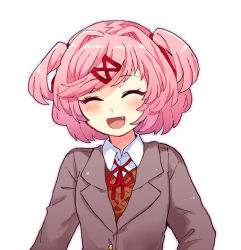 Rule 34 | 1girl, :d, ^ ^, blush, brown sweater vest, buttons, chiimako, closed eyes, collared shirt, commentary request, doki doki literature club, eyelashes, fang, grey jacket, hair intakes, hair ornament, hair ribbon, jacket, lapels, long sleeves, natsuki (doki doki literature club), neck ribbon, open mouth, pink hair, red ribbon, ribbon, school uniform, shirt, short hair, sidelocks, simple background, smile, solo, sweater vest, swept bangs, two side up, upper body, white background, white shirt, wing collar, x hair ornament