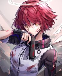 Rule 34 | 1girl, arknights, black gloves, blood, blood on clothes, blood on face, bloody weapon, commentary request, exusiai (arknights), fingerless gloves, glock, gloves, gu luco, gun, halo, handgun, highres, holding, holding gun, holding weapon, looking at viewer, red hair, short hair, solo, upper body, weapon, yellow eyes
