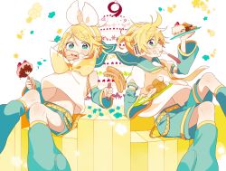 Rule 34 | + +, 1boy, 1girl, 4 (nakajima4423), anniversary, aqua eyes, belt, birthday cake, blonde hair, blush, bow, brother and sister, cake, chewing, cream, cream on face, detached sleeves, doughnut, eating, floating, floating hair, floating object, flower, food, food in mouth, food on face, fork, hair bow, hair ornament, hairclip, headphones, headset, holding, holding food, holding plate, kagamine len, kagamine rin, leg warmers, midriff, mouth hold, navel, necktie, pancake, petals, piano keys, plate, sailor collar, short hair, short ponytail, shorts, siblings, sitting, star-shaped pupils, star (symbol), symbol-shaped pupils, syrup, twins, vocaloid, yellow necktie