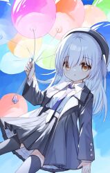 Rule 34 | 1girl, balloon, beret, black hat, black skirt, black thighhighs, blue sky, brown eyes, ciela (yuuhagi (amaretto-no-natsu)), cloud, collared shirt, commentary request, day, grey hair, grey jacket, hair between eyes, hat, holding, holding balloon, jacket, long sleeves, looking at viewer, necktie, one side up, open clothes, open jacket, original, outdoors, parted lips, pleated skirt, purple necktie, shirt, skirt, sky, solo, thighhighs, white shirt, yuuhagi (amaretto-no-natsu)