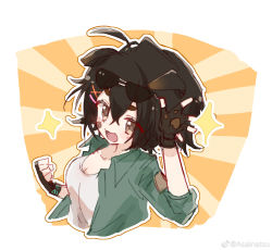 Rule 34 | 1girl, :d, ahoge, arknights, asainatsu, bandaid, bandaid on cheek, bandaid on face, black gloves, black hair, blush, breasts, brown eyes, cleavage, collarbone, commentary request, cropped torso, eyewear on head, fang, fingerless gloves, gloves, green jacket, hair between eyes, hand up, highres, jacket, jackie (arknights), jackie (take a leap) (arknights), medium breasts, official alternate costume, open clothes, open jacket, open mouth, outline, shirt, short eyebrows, smile, solo, sparkle, sunburst, sunburst background, sunglasses, thick eyebrows, twitter username, upper body, white outline, white shirt
