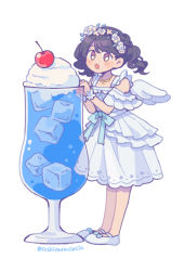 Rule 34 | 1girl, angel wings, black hair, cherry, commentary request, cream soda, dress, fang, flower, food, fruit, fukumaru koito, full body, hair flower, hair ornament, ice, ice cream, ice cube, idolmaster, idolmaster shiny colors, mini person, minigirl, open mouth, skin fang, sleeveless, sleeveless dress, solo, sushitarou, twintails, white background, white dress, wings