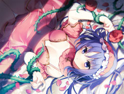 Rule 34 | 1girl, :o, bare shoulders, blue eyes, blue hair, blush, bound, breasts, detached sleeves, dot nose, dress, flower, hairband, hands up, head tilt, indoors, looking at viewer, lying, medium breasts, on back, panties, red dress, red sleeves, shadow, short hair, solo, suimya, thighs, tied up (nonsexual), tight clothes, tight dress, underwear