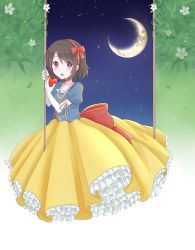 Rule 34 | 1girl, apple, bad id, bad pixiv id, blush, bow, brown hair, crescent moon, disney, elbow gloves, food, fruit, gloves, hair bow, highres, moon, night, open mouth, original, short hair, snow white, snow white (disney), snow white and the seven dwarfs, snowmi, solo, white gloves