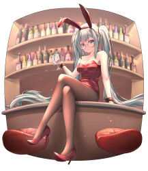 Rule 34 | 1girl, absurdres, alcohol, alternate costume, animal ears, aqua eyes, aqua hair, artist name, ayayayume, bar (place), bare shoulders, breasts, brown pantyhose, cleavage, collarbone, counter, crossed legs, cup, drinking glass, fake animal ears, full body, glasses, hair between eyes, hatsune miku, high heels, highres, leotard, long hair, looking at viewer, medium breasts, pantyhose, pillow, playboy bunny, pumps, rabbit ears, red-framed eyewear, red footwear, red leotard, shoes, sitting, smile, solo, sparkle, stiletto heels, strapless, strapless leotard, twintails, very long hair, vocaloid, wine, wine glass, wrist cuffs