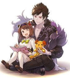 Rule 34 | 1boy, 1girl, belial (granblue fantasy), belt, book, breasts, brown eyes, brown hair, crossed legs, draph, granblue fantasy, hair ornament, headband, hinami (hinatamizu), horns, loafers, medium breasts, on floor, one eye closed, open mouth, pale skin, pectoral cleavage, pectorals, red eyes, ribbon, shoes, short hair, sitting, sitting on lap, sitting on person, skirt, smile, stuffed animal, stuffed dog, stuffed toy, thighhighs, white thighhighs, yaia (granblue fantasy)