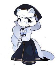 Rule 34 | 1girl, absurdly long hair, animal ears, animal nose, black hat, blouse, blue eyes, blue hat, blue skirt, body fur, center frills, character request, closed mouth, commentary request, copyright request, dress, eyeliner, fox ears, fox tail, frills, furry, furry female, gloves, gold trim, half-closed eyes, hat, high-waist skirt, korean commentary, long braid, long hair, long skirt, long sleeves, looking back, makeup, military hat, monochrome, shirt, shirt tucked in, simple background, skirt, solo, standing, tail, very long hair, weon9111, white background, white fur, white gloves, white hair, white shirt