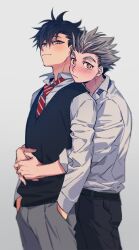 Rule 34 | 2boys, bangoul, belt, black belt, black hair, black pants, blue necktie, blue vest, blush, bokuto koutarou, closed mouth, collared shirt, commentary, grey background, grey hair, haikyuu!!, hair between eyes, hands in pockets, hug, hug from behind, korean commentary, kuroo tetsurou, layered clothes, long sleeves, looking at viewer, male focus, multiple boys, necktie, orange eyes, own hands clasped, own hands together, pants, red necktie, shirt, shirt tucked in, simple background, sleeve cuffs, sleeveless, smile, striped clothes, striped necktie, vest, white background, white shirt, wing collar