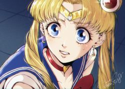 Rule 34 | 1girl, artist name, artist request, bare shoulders, bishoujo senshi sailor moon, blonde hair, blue eyes, blue sailor collar, blush, bow, bowtie, breasts, choker, circlet, cleavage, clenched teeth, collarbone, commentary, commentary request, crescent, crescent earrings, derivative work, earrings, eyelashes, from side, hair ornament, heart, heart choker, highres, jewelry, long hair, meme, parted bangs, red bow, red bowtie, red choker, sailor collar, sailor moon, sailor moon redraw challenge (meme), sailor senshi uniform, school uniform, screenshot redraw, serafuku, signature, solo, sweatdrop, teeth, tsukino usagi, twintails, upper body
