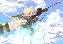 Rule 34 | 1girl, animal ears, anti-materiel rifle, ass, blonde hair, blue eyes, braid, cat ears, cat tail, gun, highres, holding, holding gun, holding weapon, looking back, lynette bishop, muzzle device, owa (ishtail), panties, rifle, single braid, sniper rifle, solo, strike witches, striker unit, tail, trigger discipline, underwear, weapon, world witches series