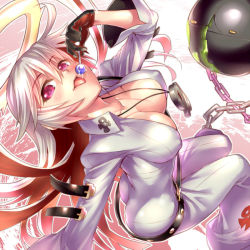 Rule 34 | 1girl, :p, ass, ball and chain restraint, blonde hair, breasts, candy, spiked halo, covered erect nipples, female focus, food, gloves, guilty gear, halo, jack-o&#039; valentine, large breasts, lollipop, long hair, looking at viewer, misao (kami no misoshiru), pink eyes, red hair, saliva, solo, thighs, tongue, tongue out