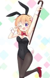 Rule 34 | 1girl, ;d, animal ears, arm up, armpits, black leotard, black pantyhose, blush, bow, bowtie, breasts, bunny day, cane, cleavage, commentary request, detached collar, fake animal ears, gochuumon wa usagi desu ka?, hair ornament, hairclip, high heels, holding, hoto cocoa, leotard, looking at viewer, massala, medium breasts, multicolored background, one eye closed, open mouth, orange hair, pantyhose, playboy bunny, purple eyes, rabbit ears, rabbit tail, red bow, red bowtie, red footwear, short hair, smile, solo, standing, standing on one leg, tail, v, v over eye, wrist cuffs