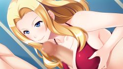 Rule 34 | 1boy, 1girl, amami taito, bare shoulders, blonde hair, blue eyes, blush, breasts squeezed together, breasts, censored, game cg, hetero, hitozuma swimming club, ino (magloid), interheart, kayashima aki, large breasts, long hair, looking at another, mosaic censoring, paizuri, penis, smile, solo focus, swimsuit