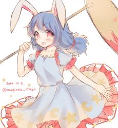 Rule 34 | 1girl, 2016, ambiguous red liquid, animal ears, blue dress, blue hair, blush, rabbit ears, crescent, dated, dress, frilled dress, frills, kine, looking at viewer, mallet, mugicha (mugicha0929), open mouth, red eyes, seiran (touhou), sketch, solo, stain, star (symbol), touhou, twitter username