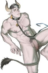 Rule 34 | 1boy, abs, aixiwuganda (20222192), animal collar, animal ears, bara, belt collar, borrowed character, chinese zodiac, collar, completely nude, cow boy, cow ears, cow horns, cow tail, feet out of frame, flaccid, foreskin, from above, highres, horns, large pectorals, looking at viewer, male focus, male pubic hair, muscular, muscular male, navel, navel hair, nipple piercing, nipple rings, nipples, nude, original, pectorals, penis, piercing, pubic hair, short hair, sideburns, sitting, solo, spread legs, stomach, tail, thick thighs, thighs, uncensored, year of the ox
