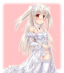 Rule 34 | 1girl, :o, ahoge, blush, bracelet, breasts, brooch, cleavage, clothes lift, detached collar, detached sleeves, dress, dress lift, female focus, frills, fujimoto akio, garter belt, garter straps, gradient background, hair ornament, jewelry, long hair, original, panties, red eyes, silver hair, simple background, small breasts, solo, thighhighs, twintails, underwear, white background, white dress, white panties, white thighhighs