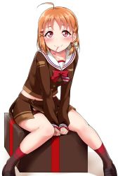 Rule 34 | 10s, 1girl, ahoge, between legs, black footwear, blush, bow, bowtie, box, braid, brown legwear, brown shirt, brown skirt, clenched hands, commentary request, gift, gift box, hair bow, hair ornament, hand between legs, heart, heart hair ornament, highres, leaning forward, loafers, long sleeves, looking up, love live!, love live! school idol festival, love live! sunshine!!, mouth hold, on box, orange hair, red bow, red bowtie, red eyes, sailor collar, shirt, shoes, side braid, simple background, sitting, skirt, smile, solo, takami chika, white background, x hair ornament, yopparai oni
