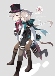 Rule 34 | 1boy, 1girl, absurdres, animal ears, azna, black footwear, black headwear, boots, brother and sister, carrying, cat ears, cat girl, cat tail, closed eyes, closed mouth, cross-laced footwear, facial mark, genshin impact, gloves, grey background, hat, highres, knee boots, lace-up boots, long hair, long sleeves, lynette (genshin impact), lyney (genshin impact), open mouth, pantyhose, piggyback, purple eyes, siblings, simple background, spoken squiggle, squiggle, star (symbol), star facial mark, sweat, tail, teardrop facial mark, thighhighs, top hat, twitter username