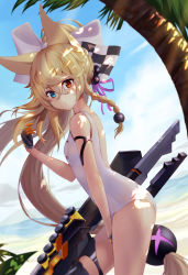 Rule 34 | 1girl, animal ears, arm strap, between legs, black bow, black gloves, blonde hair, blue eyes, blue sky, blush, bow, braid, breasts, checkered bow, checkered clothes, cloud, collarbone, covered navel, cowboy shot, day, estcc, fang, from side, g41 (beach punk 2064) (girls&#039; frontline), g41 (girls&#039; frontline), girls&#039; frontline, gloves, gluteal fold, hair between eyes, hair bobbles, hair bow, hair ornament, hair ribbon, hand between legs, heterochromia, highres, legs together, light rays, long hair, looking at viewer, low-tied long hair, low twintails, name tag, neon trim, official alternate costume, old school swimsuit, one-piece swimsuit, open mouth, outdoors, purple ribbon, red eyes, ribbon, school swimsuit, shade, side braid, signature, single braid, sky, small breasts, solo, standing, sunbeam, sunlight, swimsuit, thigh gap, thigh strap, thighs, twintails, very long hair, wading, water, wet, white bow, white one-piece swimsuit, white school swimsuit