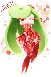 Rule 34 | 1girl, adjusting collar, bad id, bad pixiv id, blush, clothed pokemon, creatures (company), crown, eyelashes, eyeshadow, floral background, floral print, flower, full body, game freak, gen 7 pokemon, half-closed eyes, highres, japanese clothes, kimono, leaf, legs, legs together, long hair, long sleeves, looking to the side, makeup, mascara, mini crown, monster girl, new year, nintendo, one eye closed, ooshiba, plant girl, pokemon, pokemon (creature), pokemon sm, purple eyes, purple thighhighs, red kimono, solo, standing, swept bangs, thighhighs, tri tails, tsareena, very long hair