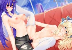 Rule 34 | 2girls, :d, ankokuboshi kurome, black pantyhose, blonde hair, blue eyes, blue hair, blush, braid, breasts, censored, commentary, dildo, english commentary, from side, grabbing own thigh, hair between eyes, hair ornament, hairclip, hand up, happy sex, highres, histoire, holding another&#039;s leg, holding another&#039;s thighs, indoors, jetkerbal, leg up, long hair, lying, medium breasts, missionary, multiple girls, neptune (series), nipples, nude, on back, open mouth, pantyhose, purple eyes, pussy, sex, sex toy, shin jigen game neptune vii, small breasts, smile, spread legs, strap-on, teeth, thighhighs, topless, torn clothes, torn pantyhose, twin braids, twintails, upper teeth only, vaginal, very long hair, yuri