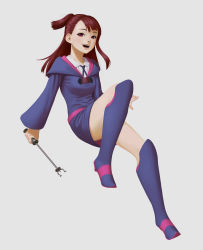 Rule 34 | 10s, 1girl, breasts, brown hair, carlo montie, collared shirt, dress, happy, highres, holding, holding wand, kagari atsuko, kneehighs, little witch academia, long hair, long sleeves, looking at viewer, medium breasts, open mouth, parted lips, purple dress, shirt, socks, solo, teeth, wand, white shirt, witch