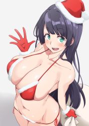 Rule 34 | 163 (shiromeshi), 1girl, :d, arched back, bare shoulders, bikini, black hair, blunt bangs, blunt ends, blush, breasts, christmas, cleavage, collarbone, commentary request, cowboy shot, d4dj, from above, fur-trimmed bikini, fur-trimmed gloves, fur-trimmed headwear, fur trim, gloves, gradient background, green eyes, grey background, halterneck, hand up, hat, highres, holding, holding sack, large breasts, long hair, looking at viewer, looking up, micro bikini, navel, open hand, open mouth, pom pom (clothes), red bikini, red gloves, sack, santa bikini, santa hat, side-tie bikini bottom, skindentation, smile, solo, standing, stomach, string bikini, swimsuit, teeth, tilted headwear, togetsu rei, upper teeth only, very long hair