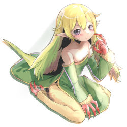 Rule 34 | 1girl, bird tail, blonde hair, blue eyes, blush, breasts, character request, claws, collarbone, detached sleeves, female focus, gradient hair, green hair, highres, monster girl, multicolored hair, pointy ears, simple background, sitting, small breasts, solo, strapless, umino hotate, wariza, white background